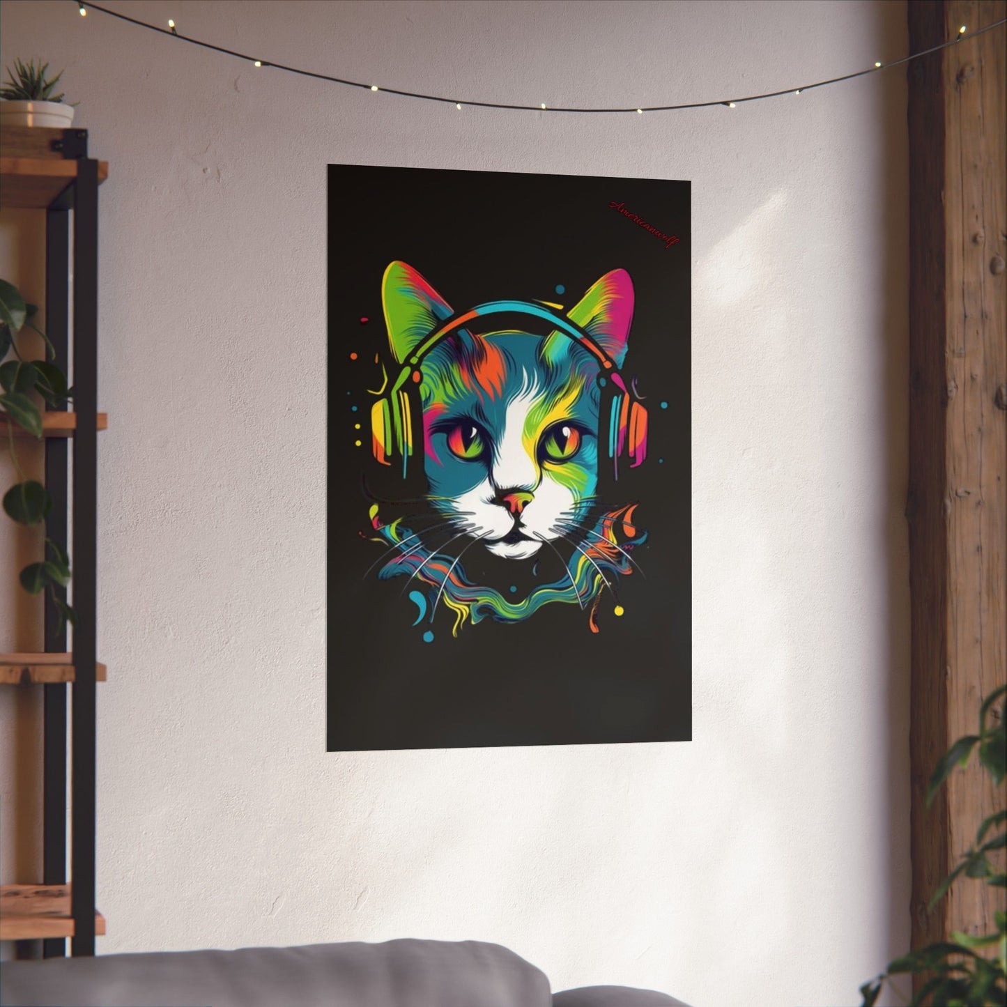 "Groovy Whiskers: Splatter Paint Cat with Headphones – Elevate Your Mancave Vibes with Feline Coolness!"