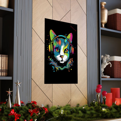 "Groovy Whiskers: Splatter Paint Cat with Headphones – Elevate Your Mancave Vibes with Feline Coolness!"