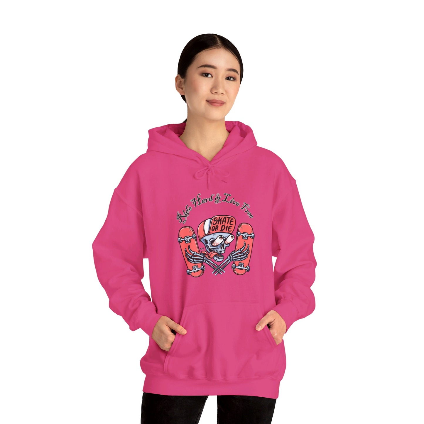 Skateboarding Skeleton Hoodie | Ride Hard Live Free Graphic Sweatshirt | Unique Skater Hoody Edgy Urban Skate Life Style Long Sleeve