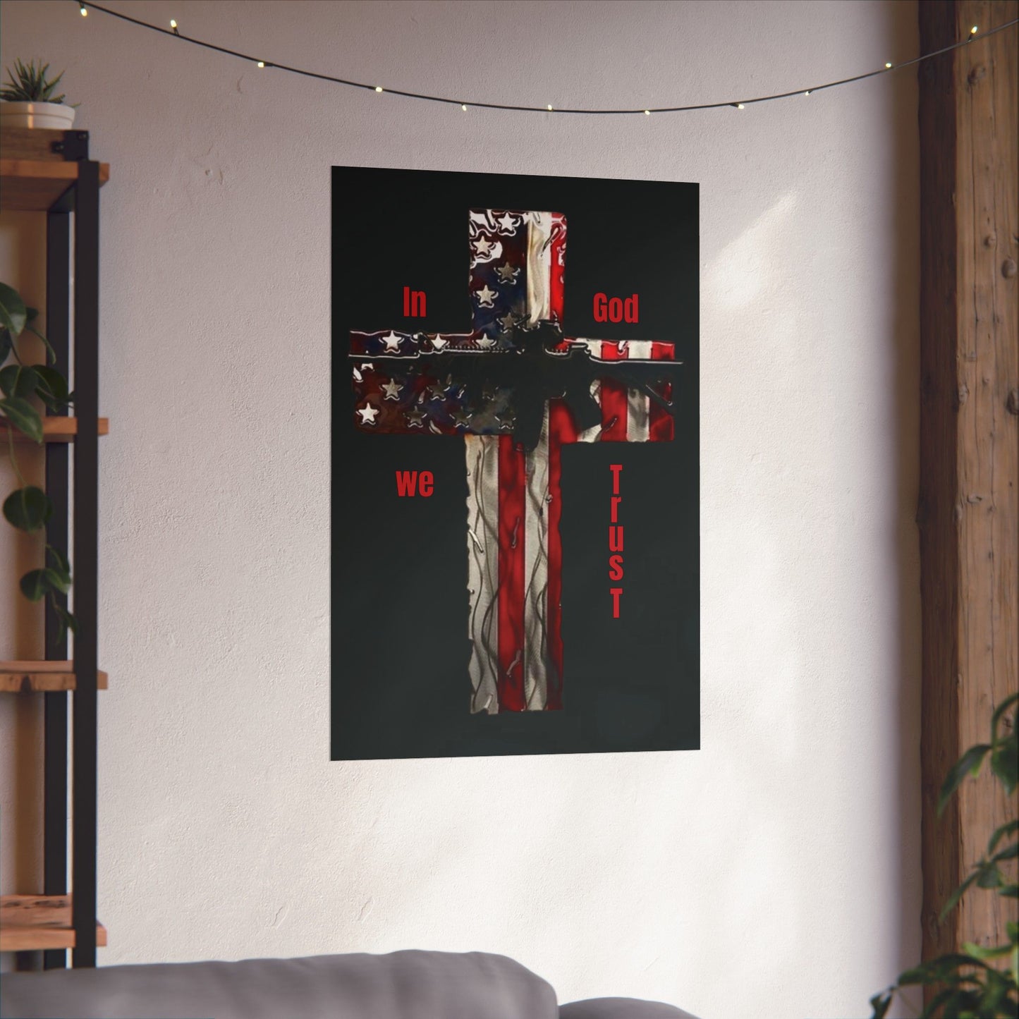 "Patriotic Devotion: In God We Trust Cross American Flag Poster – A Must-Have for Your Mancave's Honored Wall!"