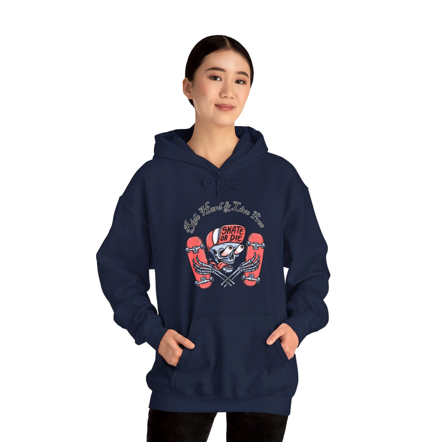 Skateboarding Skeleton Hoodie | Ride Hard Live Free Graphic Sweatshirt | Unique Skater Hoody Edgy Urban Skate Life Style Long Sleeve