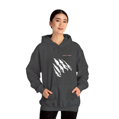 "White Claw Fury: 3D Scratch Marks Tear Through Black Hoodie"