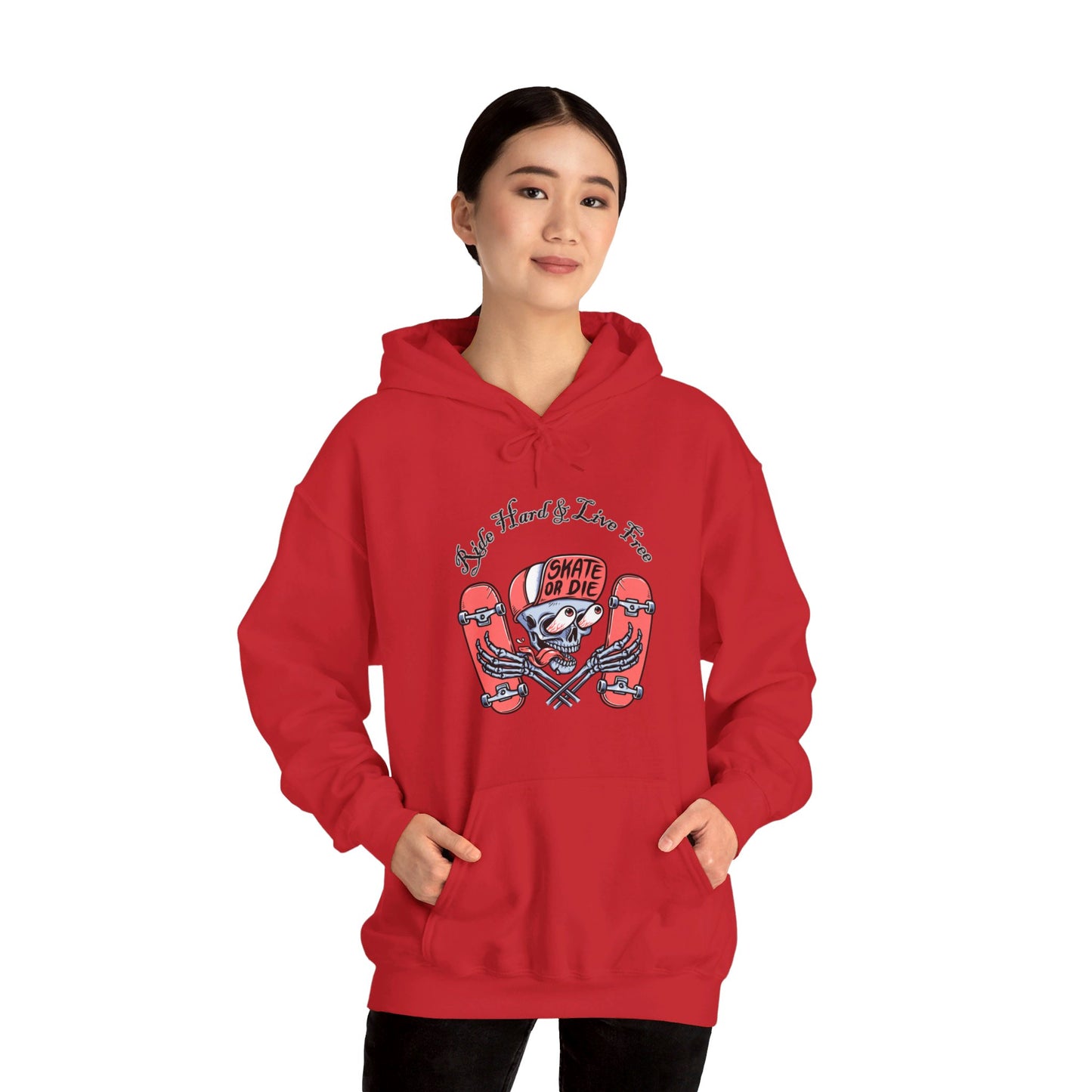 Skateboarding Skeleton Hoodie | Ride Hard Live Free Graphic Sweatshirt | Unique Skater Hoody Edgy Urban Skate Life Style Long Sleeve