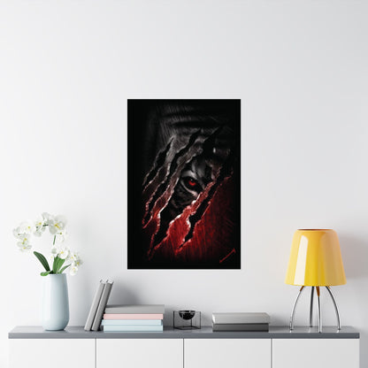 Wild Striking werewolf eyes staring out torn wood, featured on a poster that demands attention for your man cave or bar and lounge.