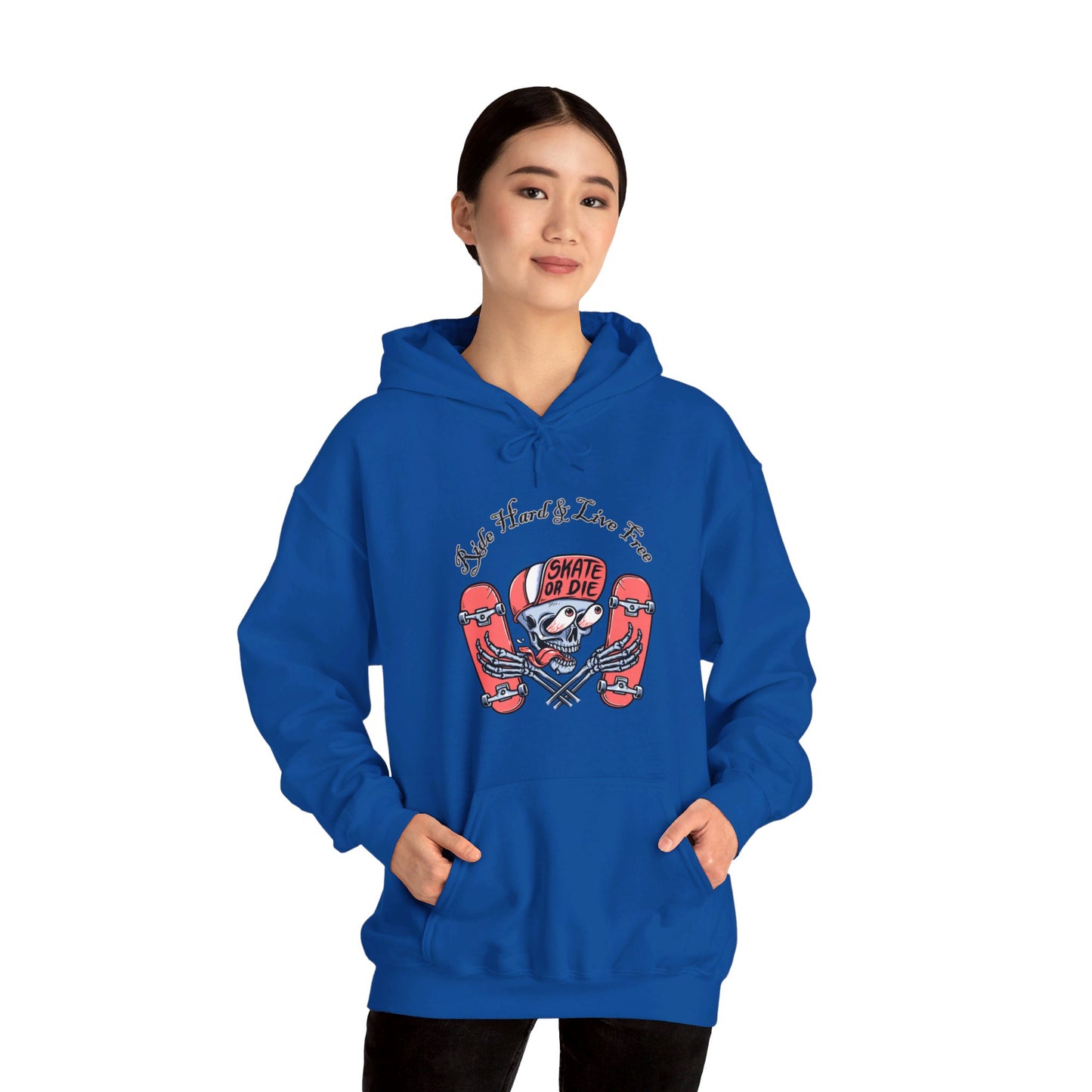 Skateboarding Skeleton Hoodie | Ride Hard Live Free Graphic Sweatshirt | Unique Skater Hoody Edgy Urban Skate Life Style Long Sleeve