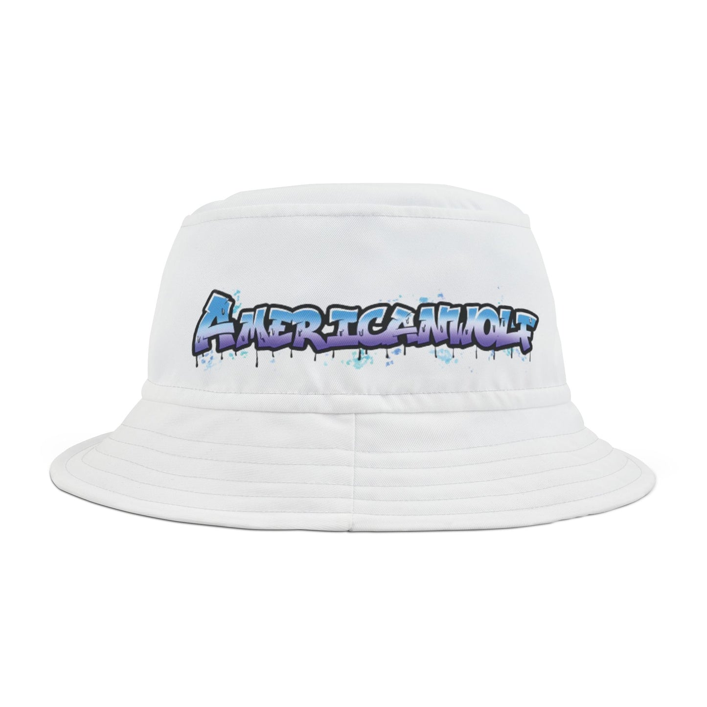 "Melting Dreams: AmericanWolf in Blue and Purple Graffiti Bucket Hat"