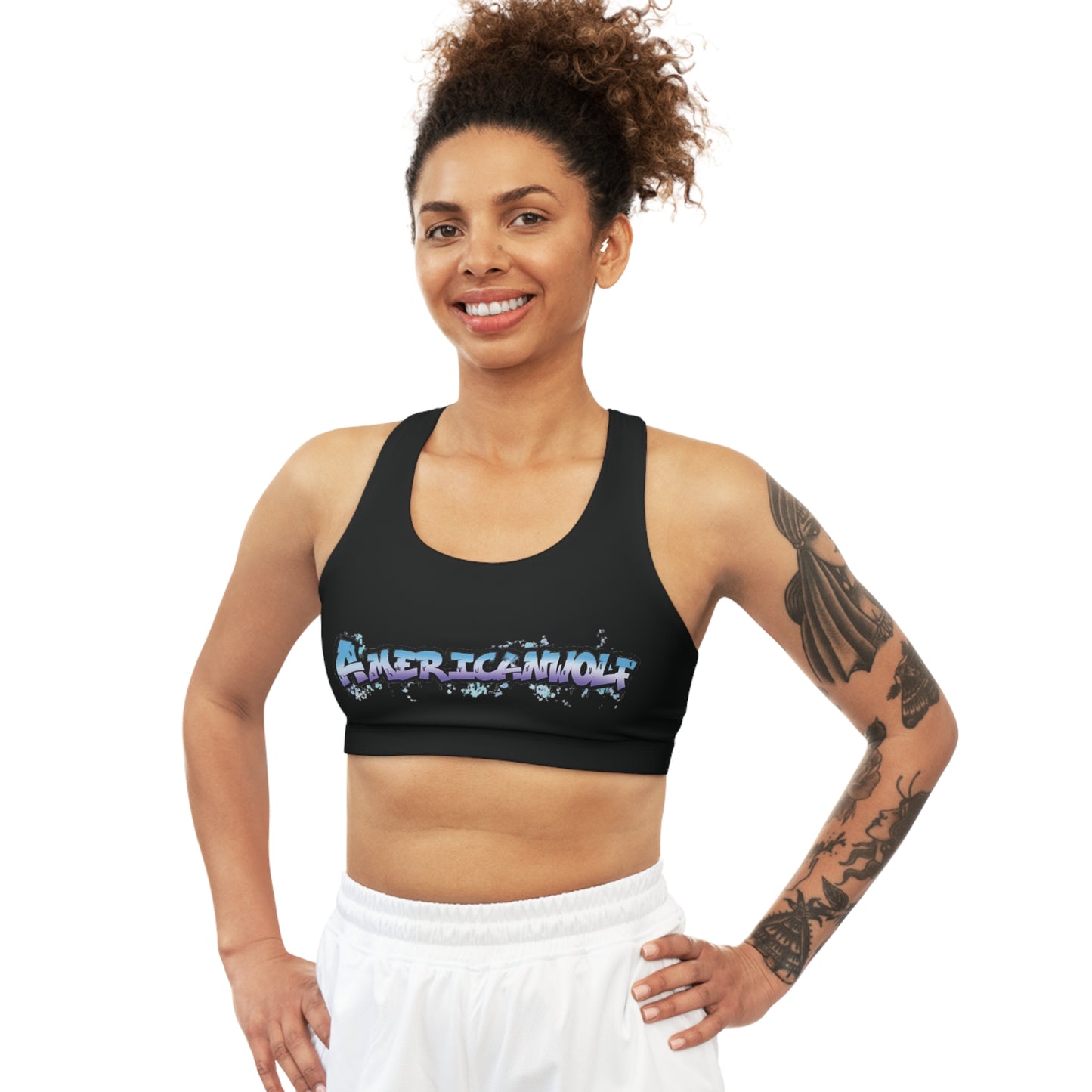 "AmericanWolf: Graffiti Inspired Sports Bra in Blue and Purple"