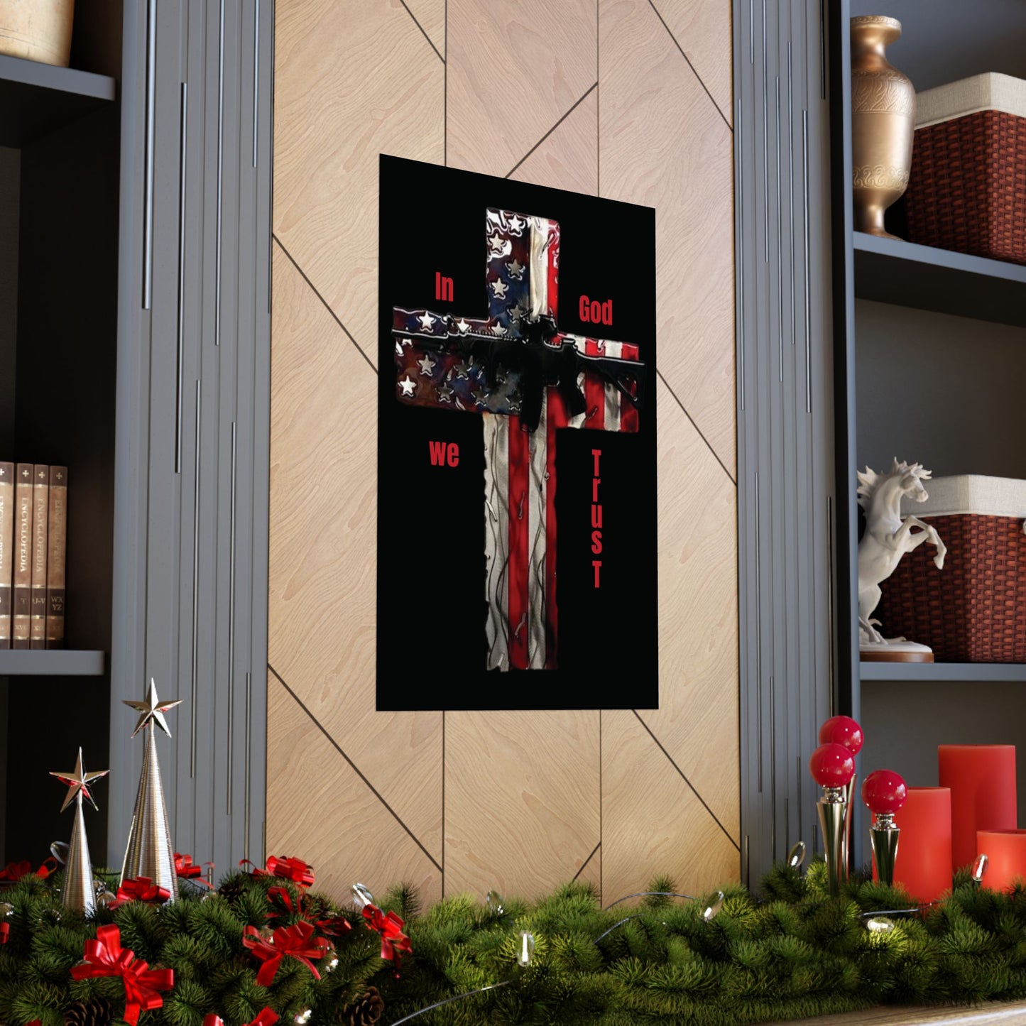 "Patriotic Devotion: In God We Trust Cross American Flag Poster – A Must-Have for Your Mancave's Honored Wall!"