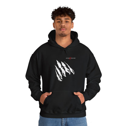 "White Claw Fury: 3D Scratch Marks Tear Through Black Hoodie"