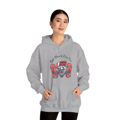 Skateboarding Skeleton Hoodie | Ride Hard Live Free Graphic Sweatshirt | Unique Skater Hoody Edgy Urban Skate Life Style Long Sleeve