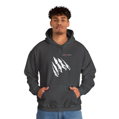 "White Claw Fury: 3D Scratch Marks Tear Through Black Hoodie"