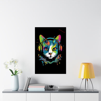 "Groovy Whiskers: Splatter Paint Cat with Headphones – Elevate Your Mancave Vibes with Feline Coolness!"