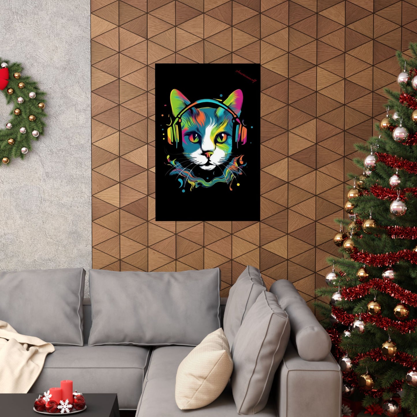 "Groovy Whiskers: Splatter Paint Cat with Headphones – Elevate Your Mancave Vibes with Feline Coolness!"