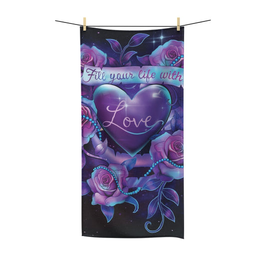 Rose Garden Romance Fill Your Life With Love A Polycotton Towel Purple, Violet, and Blue Roses with Pearled Heart"