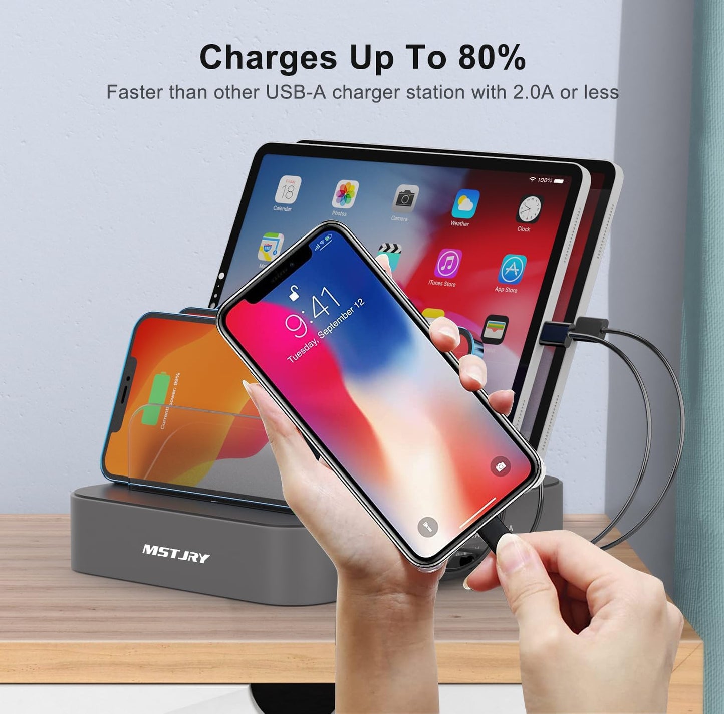 "Multi-Port USB-A Charging Station with Power Switch for iPhone, iPad, Cell Phones, and Tablets - Includes 7 Mixed Short Cables (Gray)"