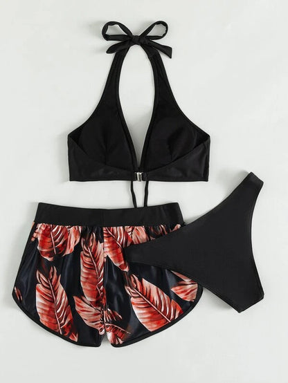 "Leaf Print Bikini Set with Shorts: Fashionable Summer Beach Swimsuit for Women's Wardrobe"