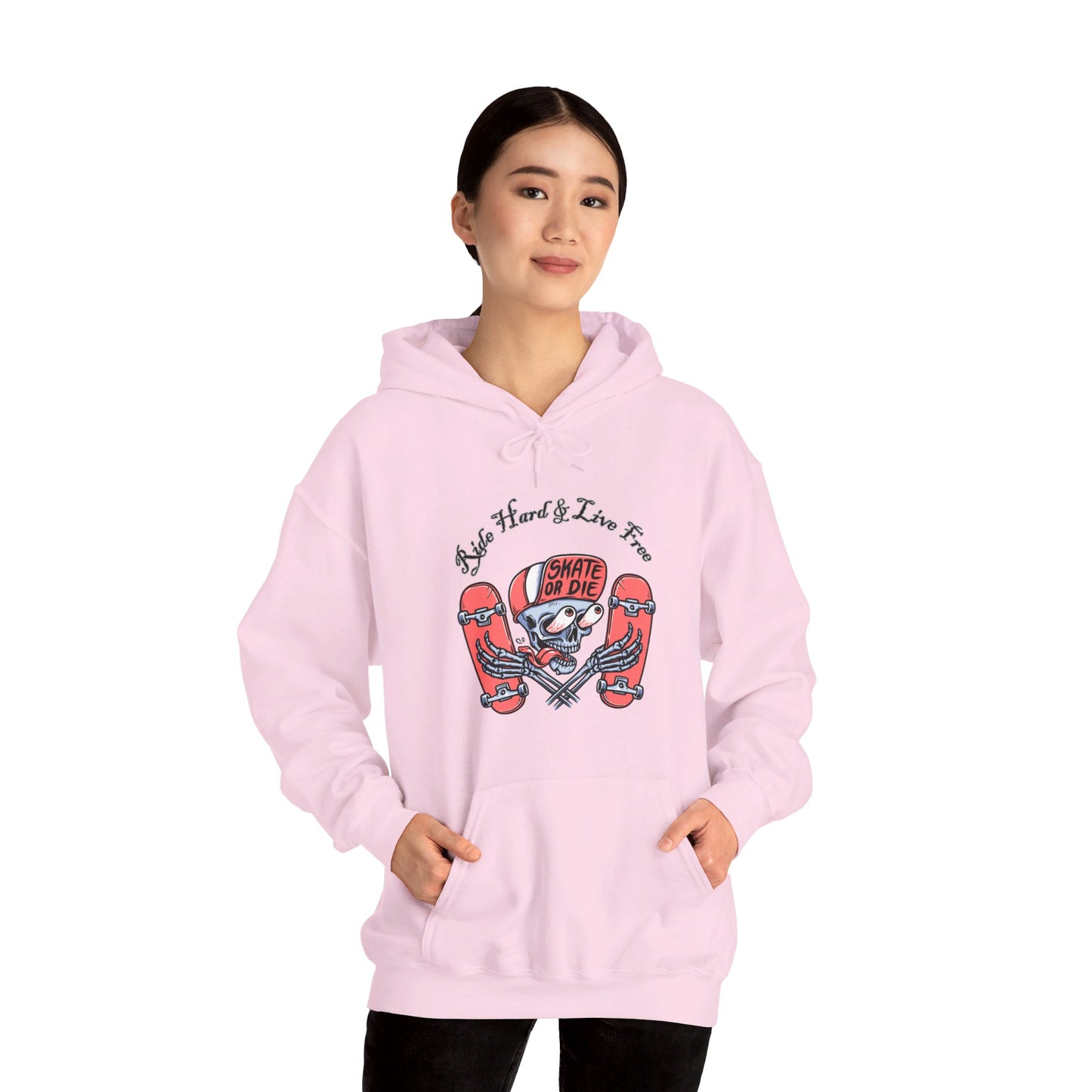 Skateboarding Skeleton Hoodie | Ride Hard Live Free Graphic Sweatshirt | Unique Skater Hoody Edgy Urban Skate Life Style Long Sleeve