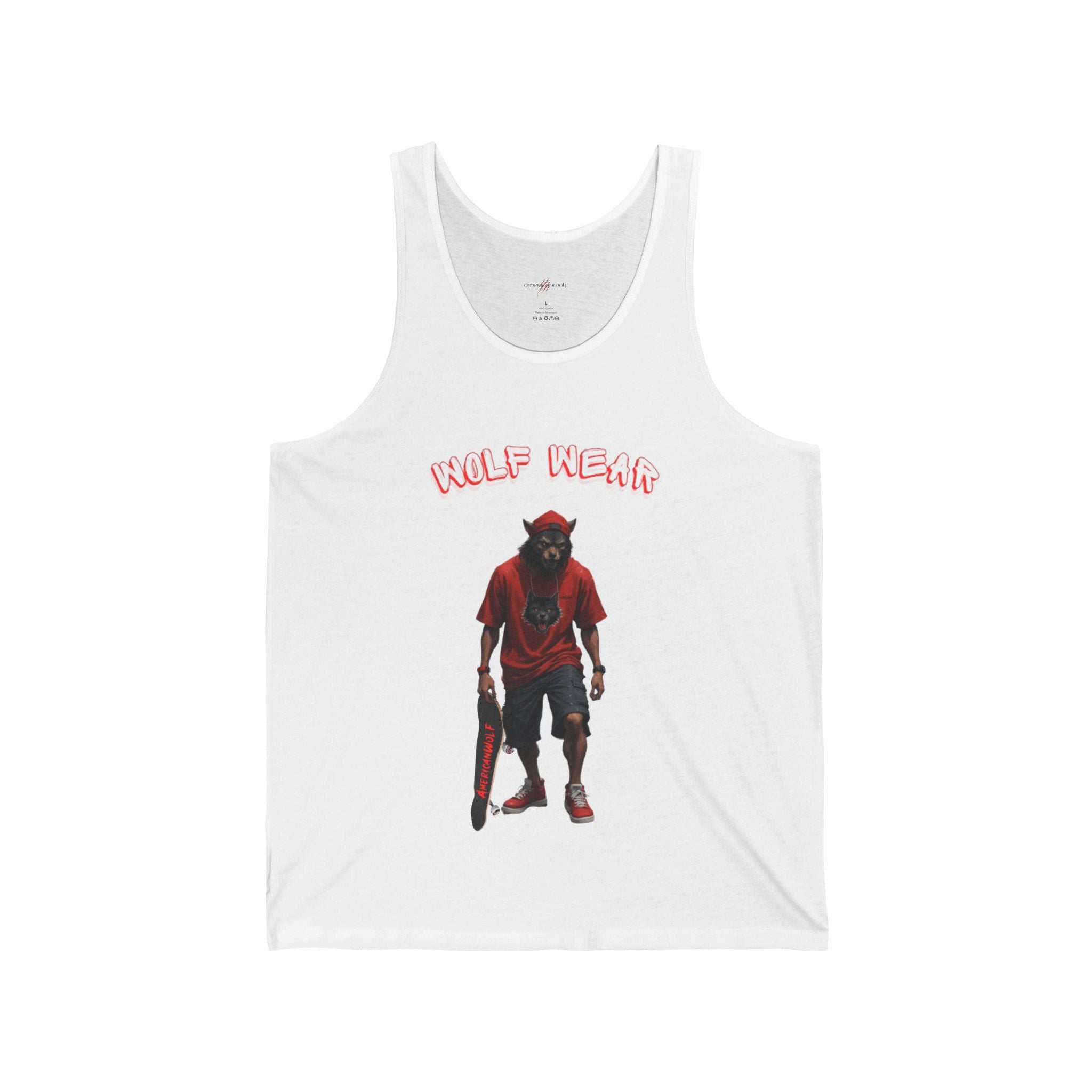 Wolf Wear Showcasing AmericanWolf Skateboard Style on a Fierce Tank Top