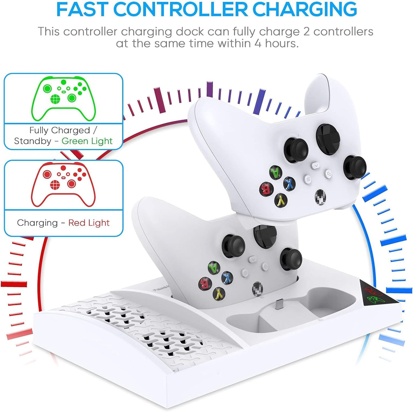 "Vertical Charger Stand with Cooling Fan for Xbox Series S Console and Controller, Dual Charging Dock with 2 x 1400mAh Rechargeable Batteries, Cover, and Earphone Bracket"