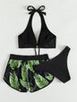 "Leaf Print Bikini Set with Shorts: Fashionable Summer Beach Swimsuit for Women's Wardrobe"