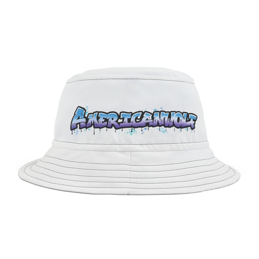 "Melting Dreams: AmericanWolf in Blue and Purple Graffiti Bucket Hat"