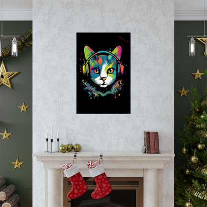 "Groovy Whiskers: Splatter Paint Cat with Headphones – Elevate Your Mancave Vibes with Feline Coolness!"