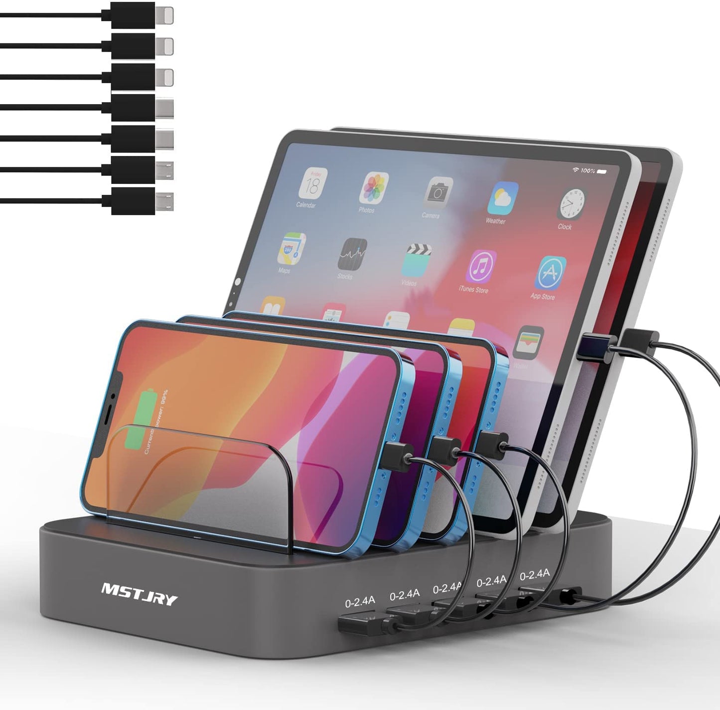 "Multi-Port USB-A Charging Station with Power Switch for iPhone, iPad, Cell Phones, and Tablets - Includes 7 Mixed Short Cables (Gray)"