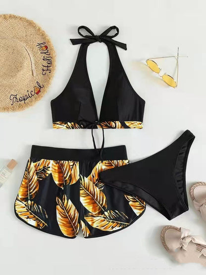 "Leaf Print Bikini Set with Shorts: Fashionable Summer Beach Swimsuit for Women's Wardrobe"