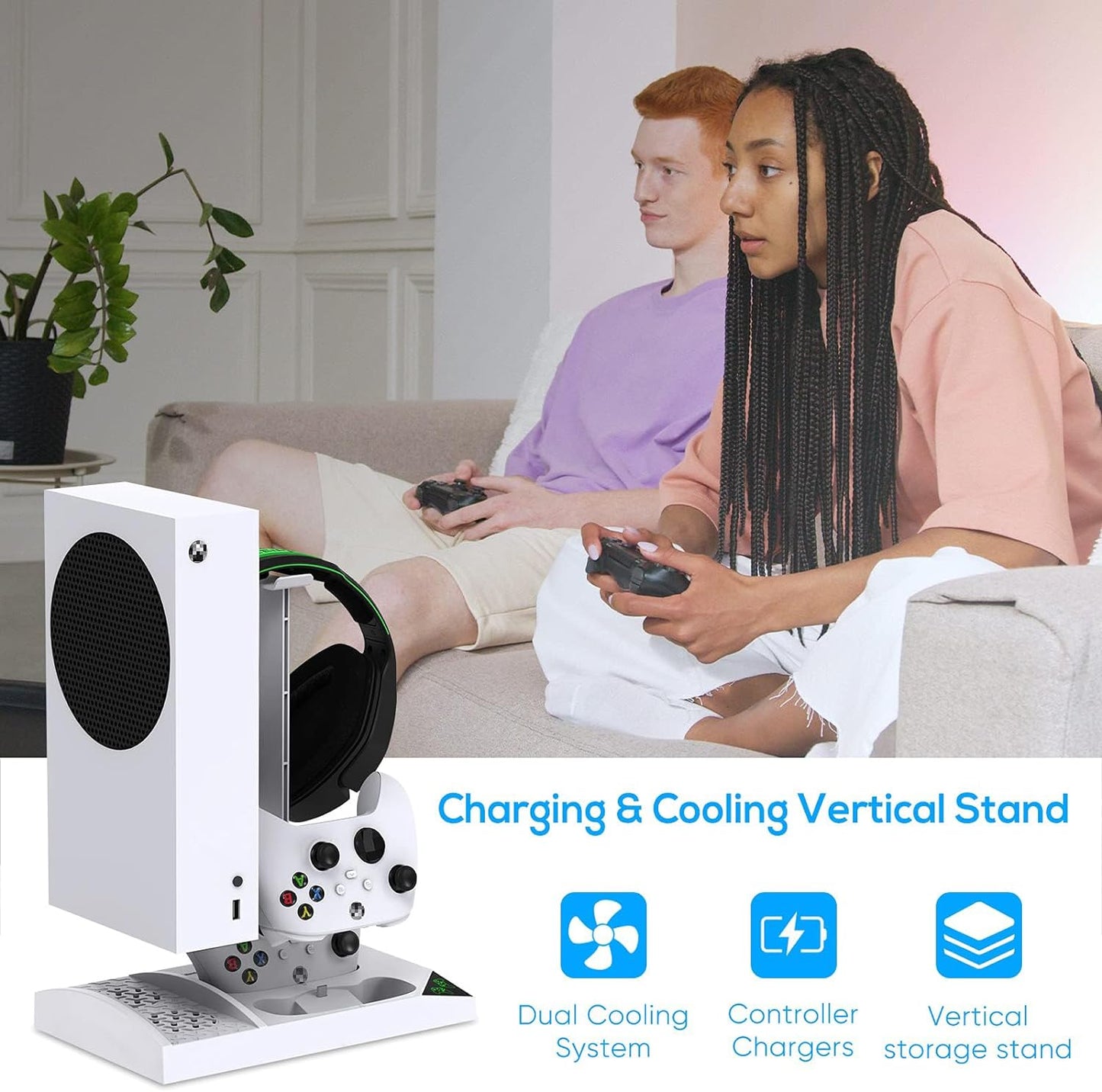 "Vertical Charger Stand with Cooling Fan for Xbox Series S Console and Controller, Dual Charging Dock with 2 x 1400mAh Rechargeable Batteries, Cover, and Earphone Bracket"