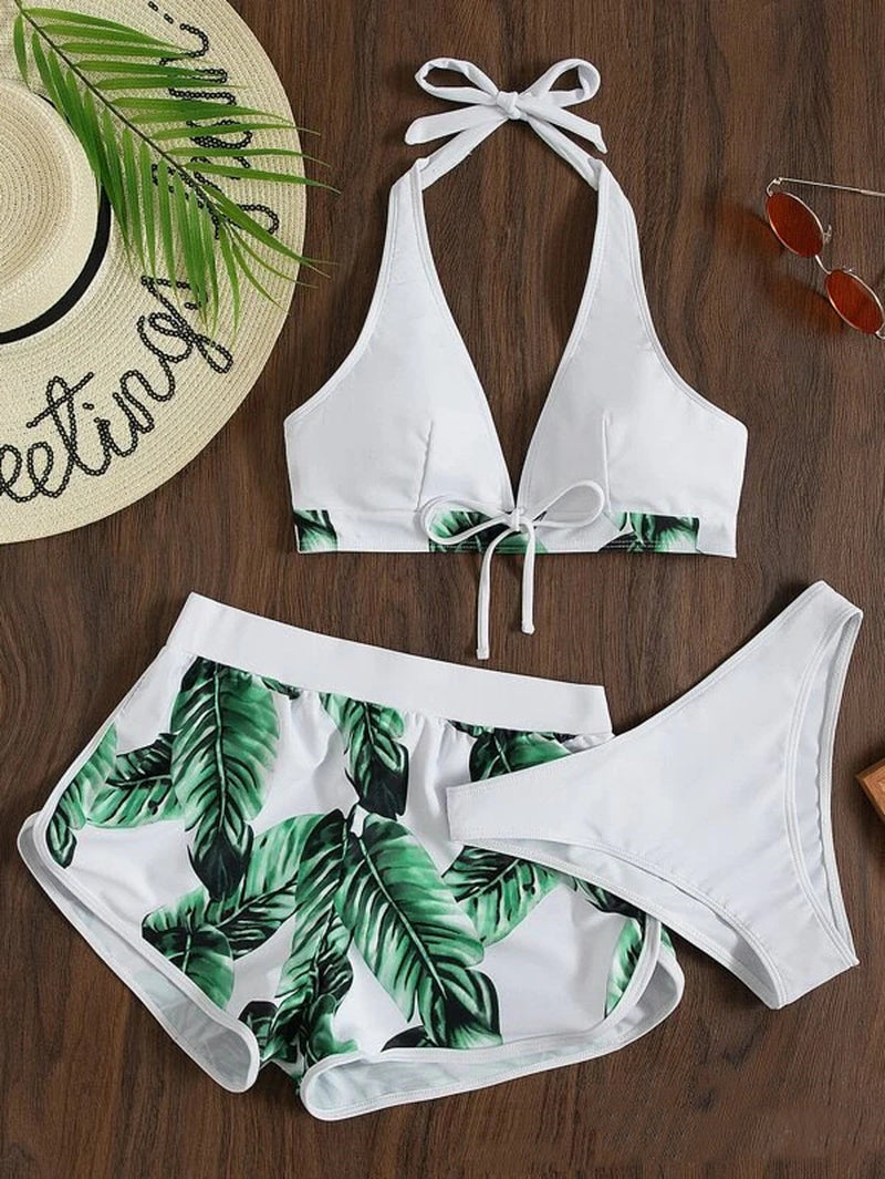 "Leaf Print Bikini Set with Shorts: Fashionable Summer Beach Swimsuit for Women's Wardrobe"