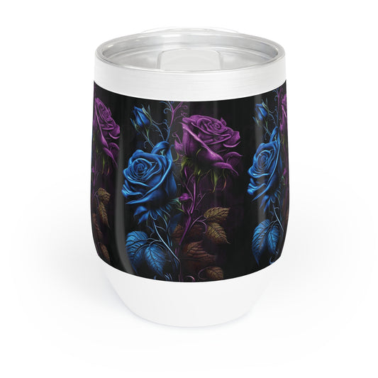 "Glistening Petals Paradise Azure Rose Symphony Royal Bloom Elegance Unveil Opulence With This Must-Buy Wine Chill Tumbler, Adorned in Glossy Purple and Blue Roses!"