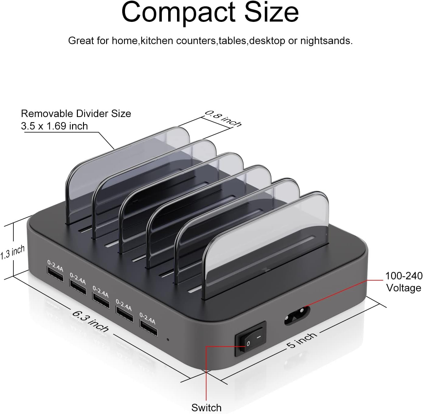 "Multi-Port USB-A Charging Station with Power Switch for iPhone, iPad, Cell Phones, and Tablets - Includes 7 Mixed Short Cables (Gray)"