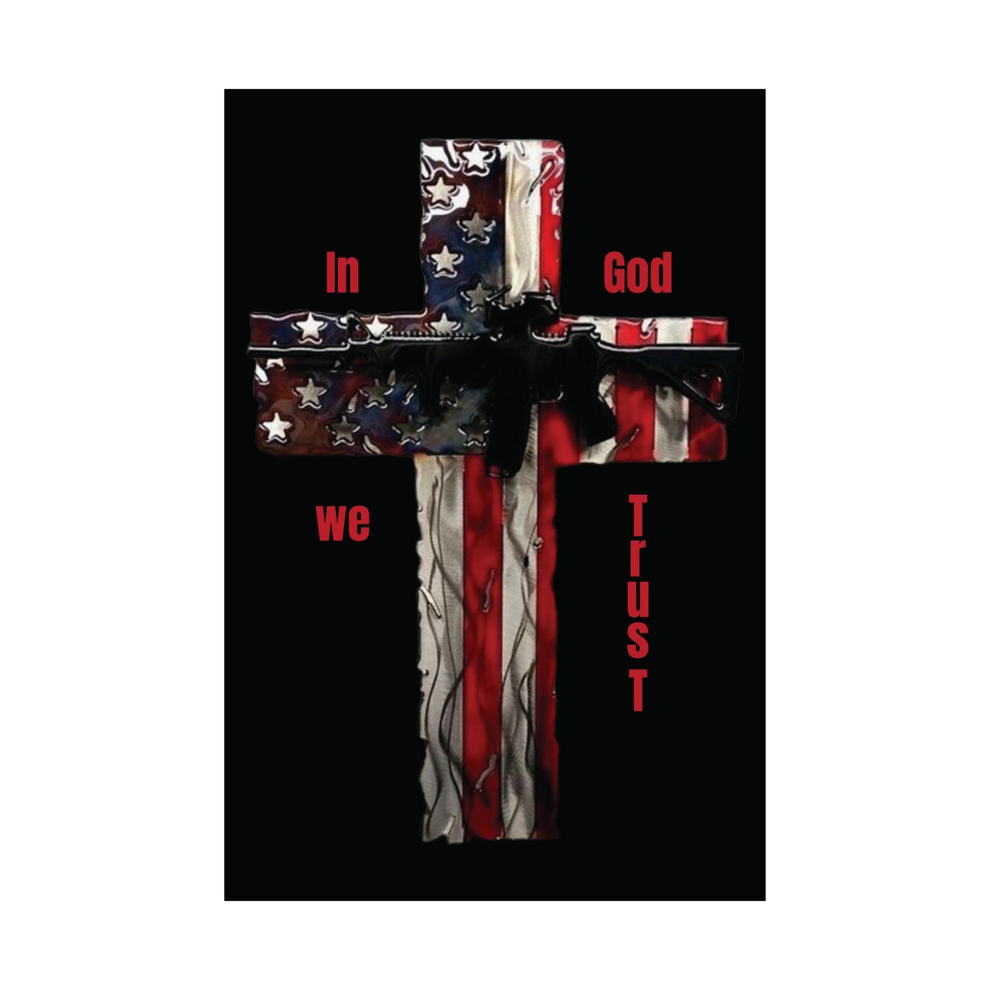 "Patriotic Devotion: In God We Trust Cross American Flag Poster – A Must-Have for Your Mancave's Honored Wall!"