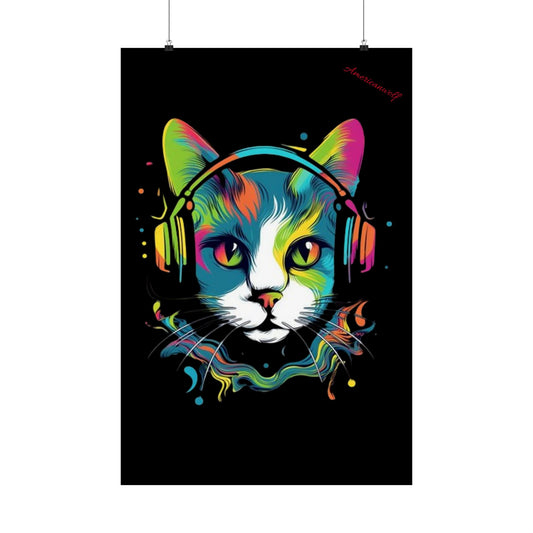 "Groovy Whiskers: Splatter Paint Cat with Headphones – Elevate Your Mancave Vibes with Feline Coolness!"