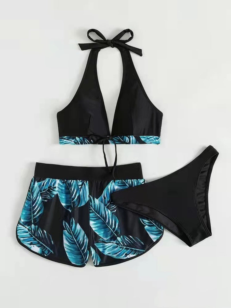 "Leaf Print Bikini Set with Shorts: Fashionable Summer Beach Swimsuit for Women's Wardrobe"