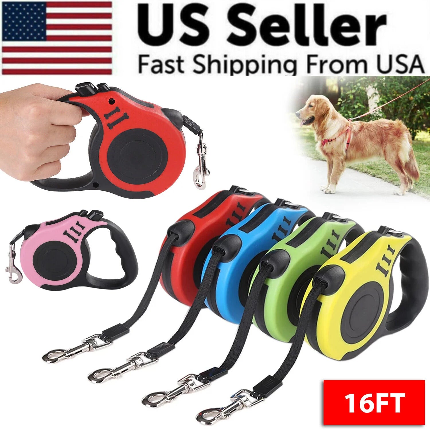 "Premium 16.5FT Retractable Dog Leash with Automatic Mechanism, Pet Collar for Hands-Free Walking, Made in the USA"