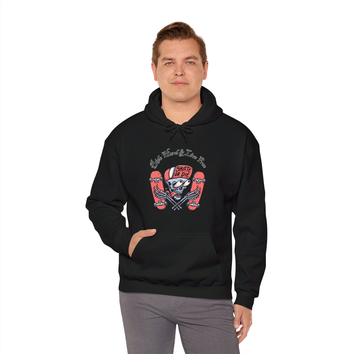 Skateboarding Skeleton Hoodie | Ride Hard Live Free Graphic Sweatshirt | Unique Skater Hoody Edgy Urban Skate Life Style Long Sleeve