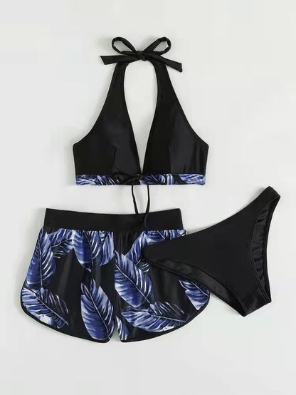 "Leaf Print Bikini Set with Shorts: Fashionable Summer Beach Swimsuit for Women's Wardrobe"