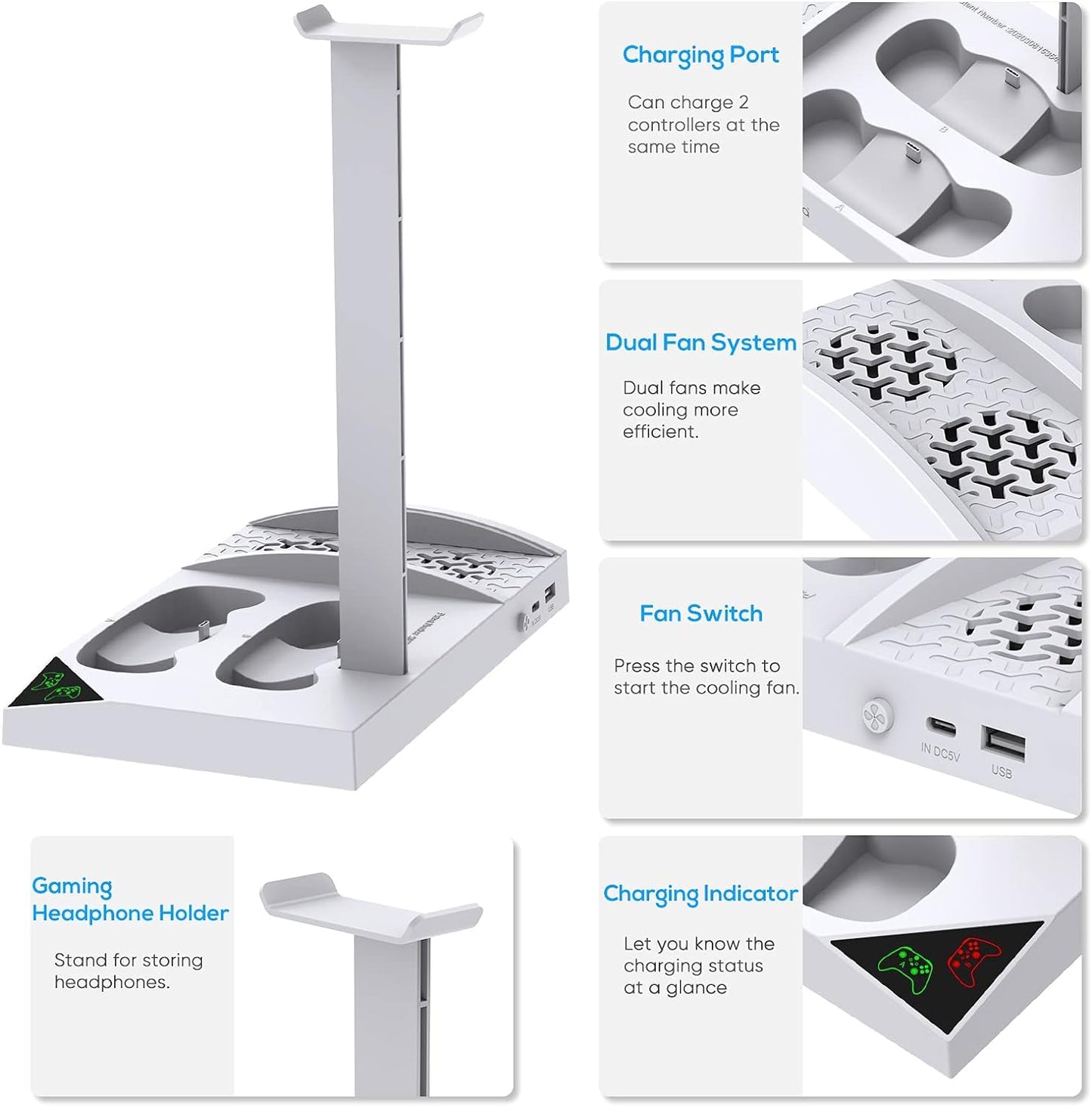 "Vertical Charger Stand with Cooling Fan for Xbox Series S Console and Controller, Dual Charging Dock with 2 x 1400mAh Rechargeable Batteries, Cover, and Earphone Bracket"