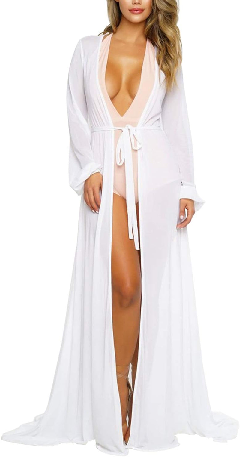 "Women's Sheer Mesh Long Sleeve Tie-Front Swimsuit Beach Maxi Cover-Up Dress - Elegant Swimwear Apparel"