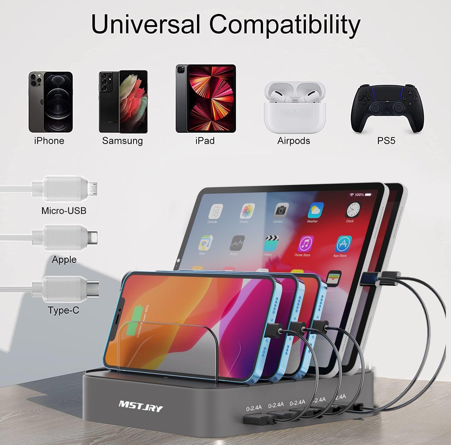 "Multi-Port USB-A Charging Station with Power Switch for iPhone, iPad, Cell Phones, and Tablets - Includes 7 Mixed Short Cables (Gray)"