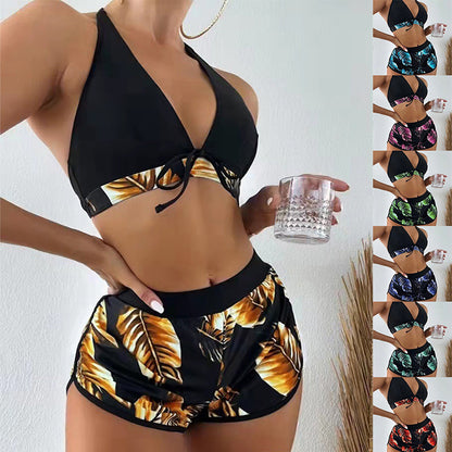 "Leaf Print Bikini Set with Shorts: Fashionable Summer Beach Swimsuit for Women's Wardrobe"