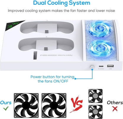 "Vertical Charger Stand with Cooling Fan for Xbox Series S Console and Controller, Dual Charging Dock with 2 x 1400mAh Rechargeable Batteries, Cover, and Earphone Bracket"